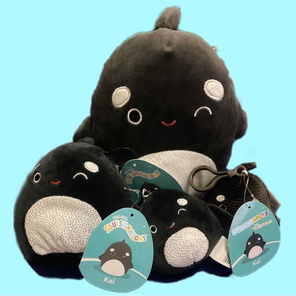 NWT Squishmallow 8" 5" 3.5" Kai Killer Whale Soft Black Orca Plush Clip
